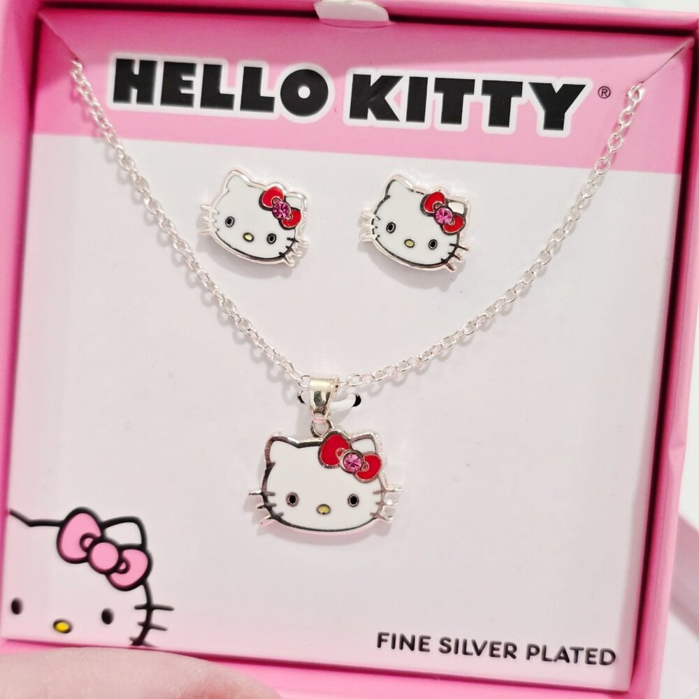 Hello Kitty ✦ Silver Necklace & Earrings Set ✦ Enamel Design Pink Gift Box NWT